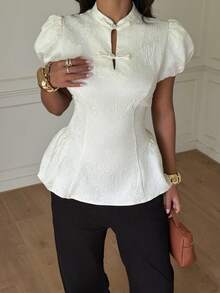 Siren Gaze Women's Jacquard Frog Button Design Short Puff Sleeve Elegant French Blouse Wedding Dinner Date Date Night Party White Summer - Apricot - View 9