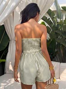 Sunnyshic Women's Spring/Summer Casual Vacation Fashion Daily Street Wear Summer Holiday Outfit Yellow & White Striped Bandeau Waist-Cinching Wide Leg Long Jumpsuit - Green - View 2