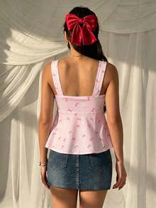 CovetEZ Casual Cute Minimalist Pink And White Striped Base Striped Bow Allover Print Pattern Drawstring Camisole Top, Suitable For Vacation, Spring/Summer - Multicolor - View 2