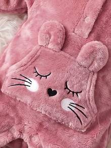 Newborn Baby Girl Cute Autumn/Winter Cartoon Pattern Pink Hooded Romper - Pink - View 4