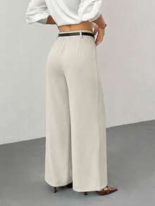 SHEIN PETITE Women's Black Solid Color Wide Leg Pants With Belt, Casual Wide Leg Trousers Suitable For Petite - Apricot - View 6