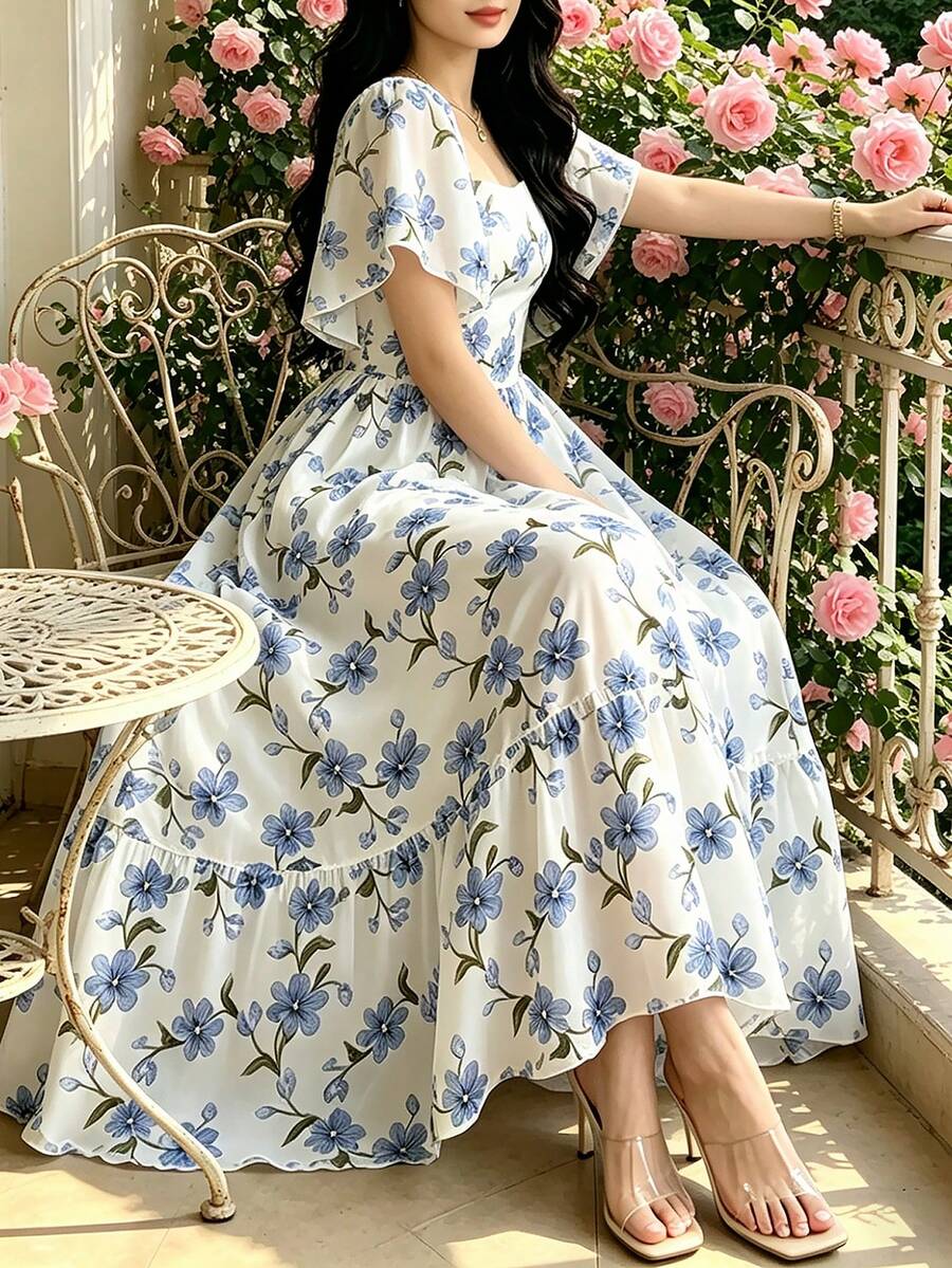 Modelyn 碎花白蓝长款连衣裙,女士时尚方领泡泡袖短款连衣裙,温柔气质长裙,夏季休闲度假风连衣裙 - 彩色 - 查看 1