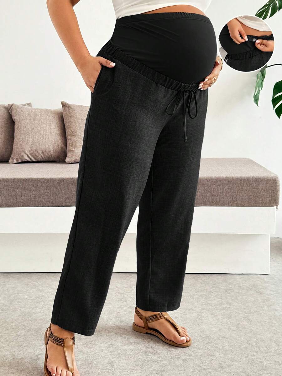 Plussiva Plus Size Maternity Adjustable Waist Casual Long Pants - Black - View 1