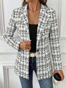 SHEIN Clasi 女款時尚通勤格紋西裝外套 - 白色 - 查看 6