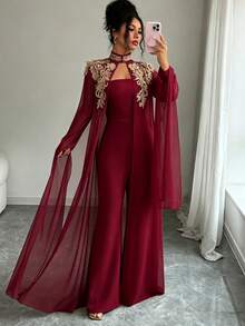 Elenzga 女士金色蕾丝边连体裤两件套 - 酒紅色 - 查看 6