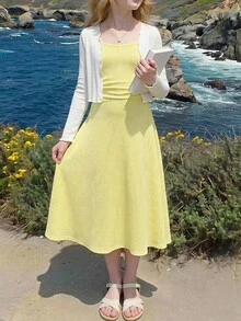 SHEIN Tween Girl Tween Girl Autumn Casual Cute Vacation Minimalist Comfortable Layered Ruffle Hem Puff Dress Woven Texture Fashion Mini Skirt White Butter - Yellow - View 2