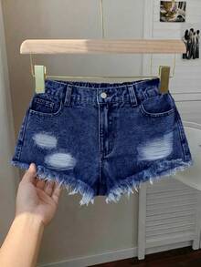 SHEIN 青少年女孩夏季休閒破洞牛仔短褲 - 深色水洗藍 - 查看 5