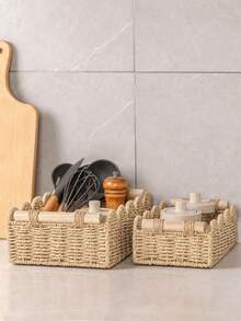 1PC Paper Rope Rattan Woven Storage Basket, Tea Table Storage Box, Toys, Snacks, Cosmetics Storage, Japanese Wooden Handle, Petal Style Storage - Brown - View 2