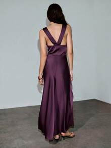 MOTF PREMIUM SPRING/SUMMER LACE PATCHWORK HOLLOW LONG SATIN DRESS, MODERN URBAN DATE - Purple - View 3