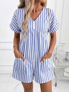 SHEIN Clasi 女款條紋時尚V領口袋休閒連身褲 - 藍白色 - 查看 4
