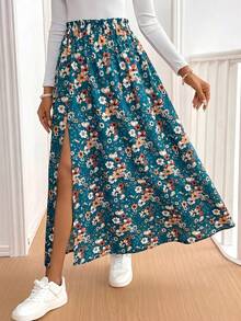 SHEIN PETITE CURVE 大尺碼黑色波西米亞花卉印花長裙，復古風，適合度假、音樂節、海灘旅行，送給媽媽的禮物，四季皆宜 - 彩色 - 查看 4
