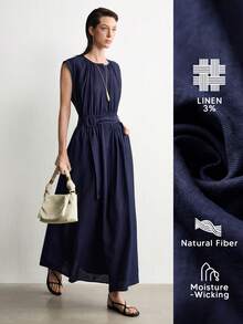 Aalyst Women's Solid Color Faux Linen Round Neck Loose Fit Button-Front Cinched Waist A-Line Dress Side Pockets Cap Sleeves Navy Blue Elegant Casual Office - Navy Blue - View 8