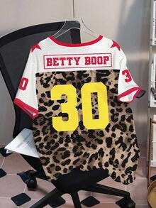 Betty Boop x SHEIN 大码女式豹纹插肩短袖T恤 - 白色 - 查看 2