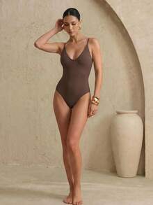 Anewsta Summer Beach Rib-Knit Tie Back One-Piece Swimsuit Bathing Suit - Brown - View 6
