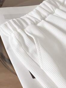 Boys' Summer Waffle Stripe Short Sleeve T-Shirt & Shorts 2-Piece Set, Designed For Active Boys, Made Of Premium Waffle Fabric, Gentle On Delicate Skin, Unique Waffle Texture Adds Fashionable Touch, Simple Round Neck Design For Easy Wear, Colorful Stripe Pattern On Chest Full Of Vitality - White - View 6