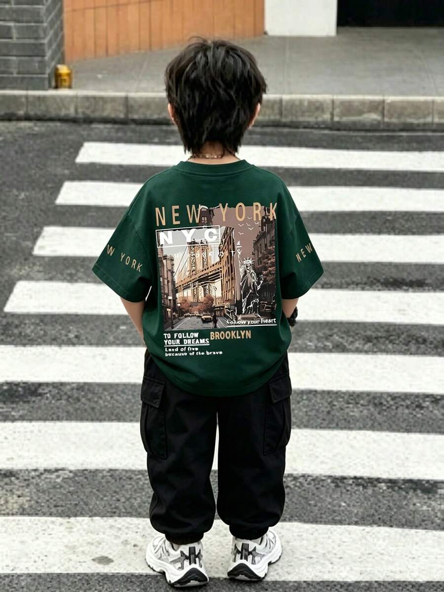 小男孩時尚圓領短袖T恤與長褲套裝,印花時尚字母圖案設計,適合假期聚會與派對,春夏秋季,舒適易穿,小男孩夏季首選,時尚休閒兩件套,春夏秋街頭穿搭,休閒開學聚會穿著 - 彩色 - 查看 1