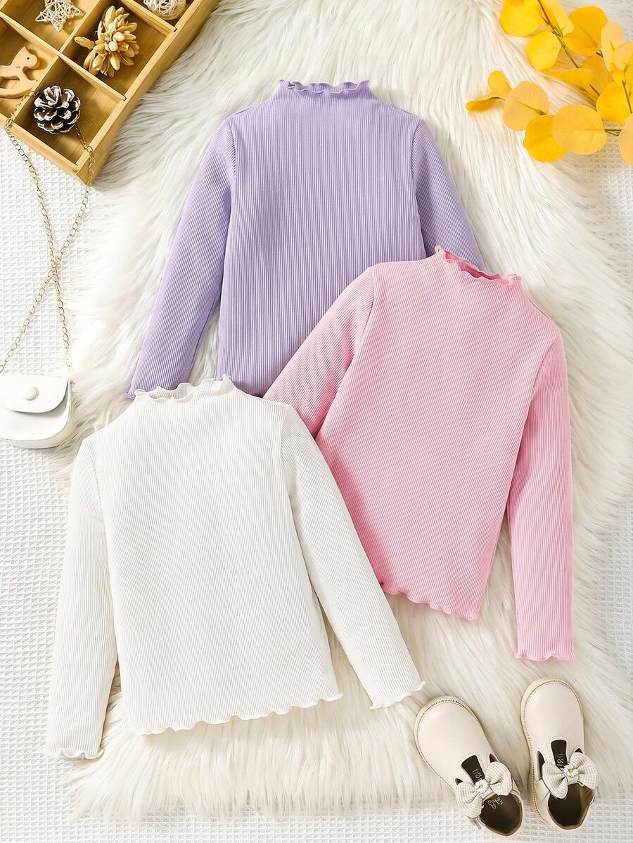 Emery Rose Kids Emery Rose Kids 3件組少女休閒基礎百搭素色羅紋荷葉邊假領針織修身T恤,荷葉領秋季/冬季3件套 - 彩色 - 查看 1