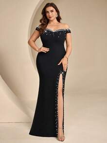 Coutiva Gaun Malam Formal Glamor Tanpa Bahu Berhiaskan Mutiara Imitasi untuk Wanita Ukuran Plus (Pengerjaan Berat) - Hitam - View 1