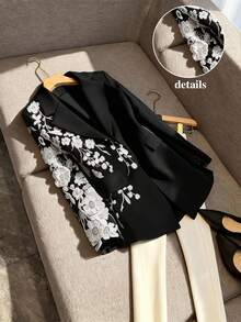 Rometta 大尺碼女款刺繡3D花卉拼接時尚優雅奢華西裝外套 - 黑色 - 查看 1