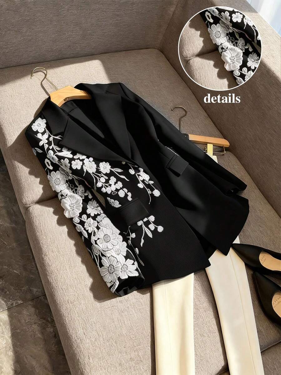 Rometta 大尺碼女款刺繡3D花卉拼接時尚優雅奢華西裝外套 - 黑色 - 查看 1