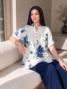Auveirra 大码女式夏季时尚印花衬衫和裤子两件套 - 藏蓝色 - 查看 6