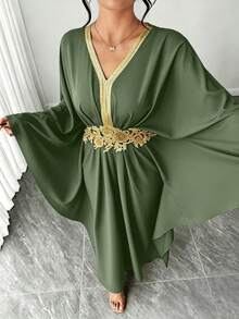SHEIN LUNE CURVE 大尺碼女款優雅度假風長袖洋裝 秋季 - 軍綠色 - 查看 4
