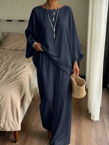 DAZY Women's Loose-Fitting White Two Pieces Set For Spring And Summer. - Navy Blue - View 3