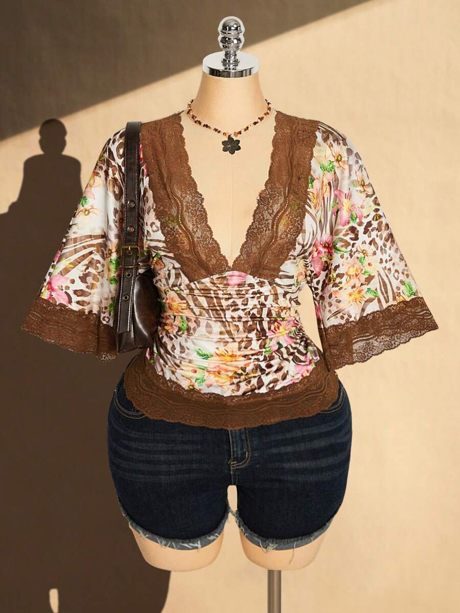 SHEIN ICON Plus Size Y2K Vintage Sexy Leopard Print V-Neck Lace Patchwork Flare Sleeve Top - Brown - View 1