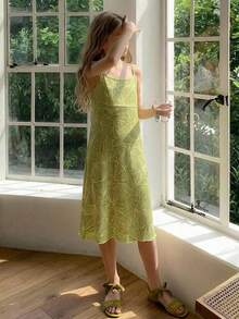 DAZY Tween Girl Summer New Elegant Printed Vacation Cami Dress - Green - View 4