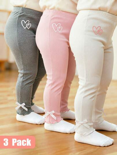 SHEIN Vintaside Kids 3 chiếc quần legging cho bé gái | Hồng+Trắng+Xám in hình trái tim, quần mặc thường ngày/du lịch mùa hè/thu, phong cách đơn giản ngọt ngào, dáng suông rộng