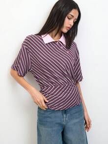 Nöista 條紋修身 Polo 衫，彈性面料，輕盈舒適，活力休閒，隨性氛圍，春夏款 - 紫色 - 查看 4