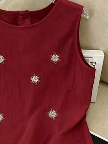 GlowEve 女款夏季無袖法式刺繡亞麻上衣 辦公室深紅色休閒優雅 - 酒紅色 - 查看 4