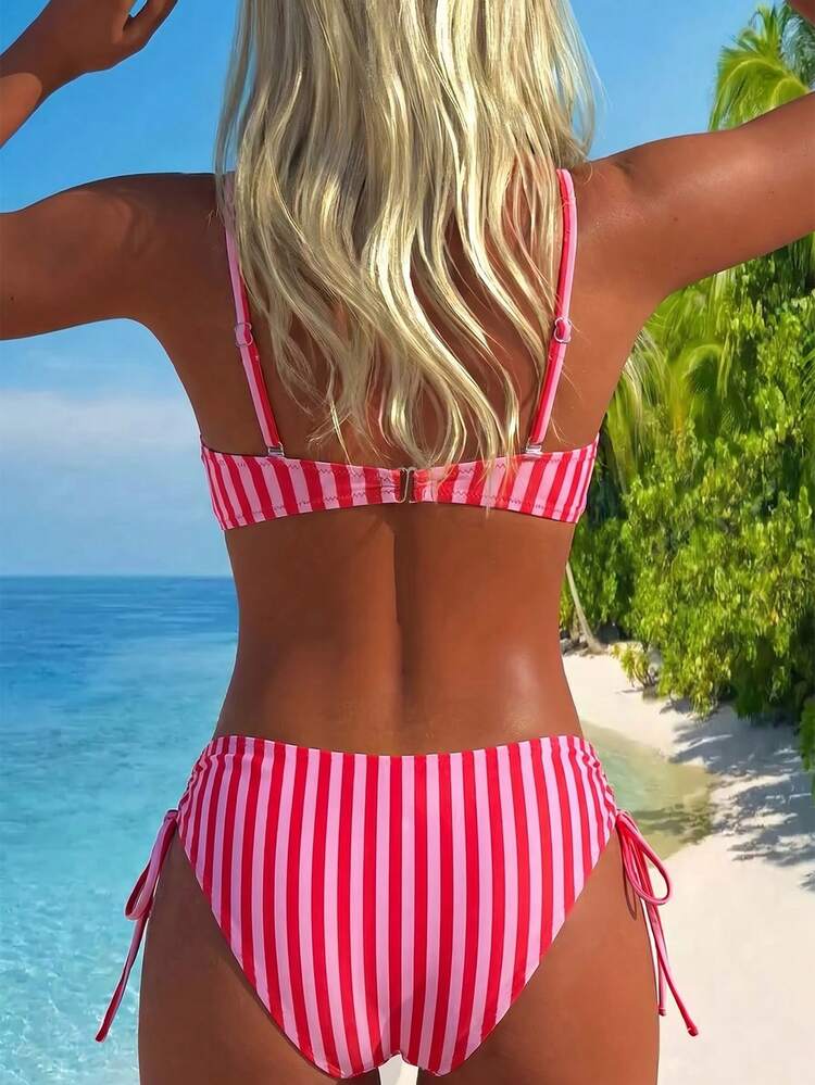 Swim Lushoire Women's Summer Vacation Beach Sexy Rose Red & White Striped Print Push-Up Underwire Solid Color Thin Strap Ruched Bandeau Bikini Top With High Waist Side Drawstring Bikini Bottoms Bikini Set Set - Multicolor - View 2