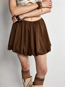 Rina Fox Rok Tulip Kasual Wanita Warna Polos dengan Pinggang Elastis - Coffee Brown - View 5