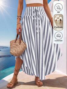 Wandoria Holiday Random Paisley Print Curved Hem Skirt Maxi Vacation Beach Outfits Women Blue And White Stripe Summer Surfer - Grey - View 1
