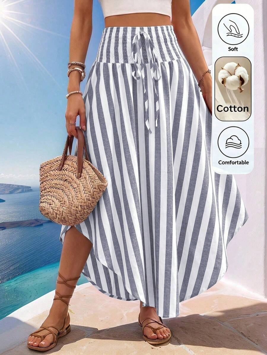 Wandoria Holiday Random Paisley Print Curved Hem Skirt Maxi Vacation Beach Outfits Women Blue And White Stripe Summer Surfer - Grey - View 1