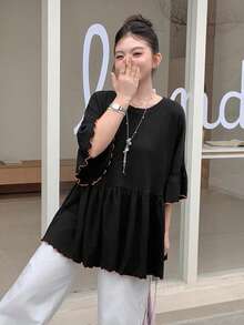 Dazy Plus Plus Size Colorblock Contrast Stitching Flared Sleeve Casual College Style Versatile Black Short Sleeve T-Shirt For Girls Summer - Black - View 9