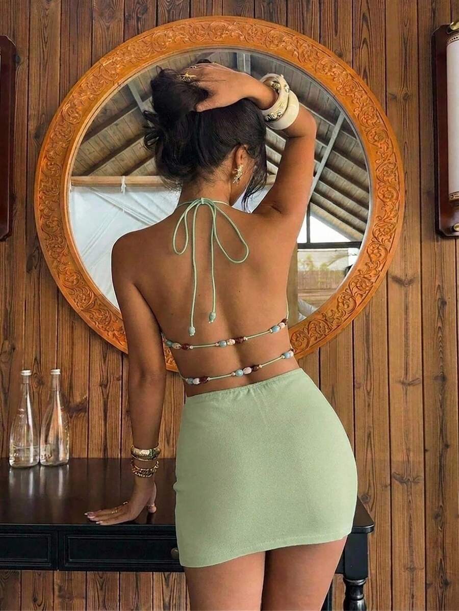Aloruh 女款夏季新款綠色優雅性感極簡時尚浪漫約會海灘度假掛脖露背繫帶綴珠迷你洋裝
