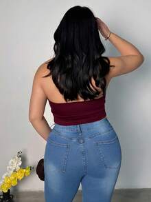 Firerie Plus Size Women's Solid Color Shiny Draped Neck Tank Top Party Burgundy Summer Sexy - Burgundy - View 4