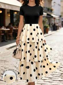 SHEIN LUNE Women's Polka Dot Round-Neck Short-Sleeve Black Cinched Waist Dress Dinner Party Summer Vintage Elegant - Multicolor - View 4