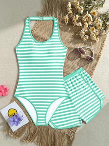 SHEIN Baju Renang Terusan Model Halter Neck Motif Garis-garis untuk Remaja Perempuan, Terdiri dari Crop Top dan Celana Pendek, Set 2 Potong, Musim Panas - Hijau - View 1