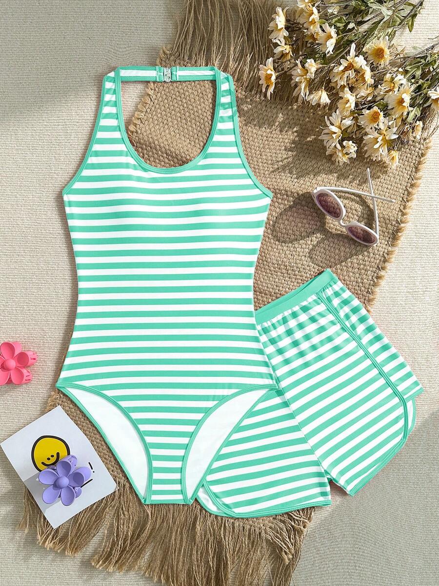 SHEIN Baju Renang Terusan Model Halter Neck Motif Garis-garis untuk Remaja Perempuan, Terdiri dari Crop Top dan Celana Pendek, Set 2 Potong, Musim Panas - Hijau - View 1