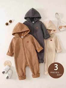 LMoss Kids 嬰兒男孩女孩通用加厚抓絨連帽拉鍊寬鬆長袖冬季連身衣 3件套 - 彩色 - 查看 6