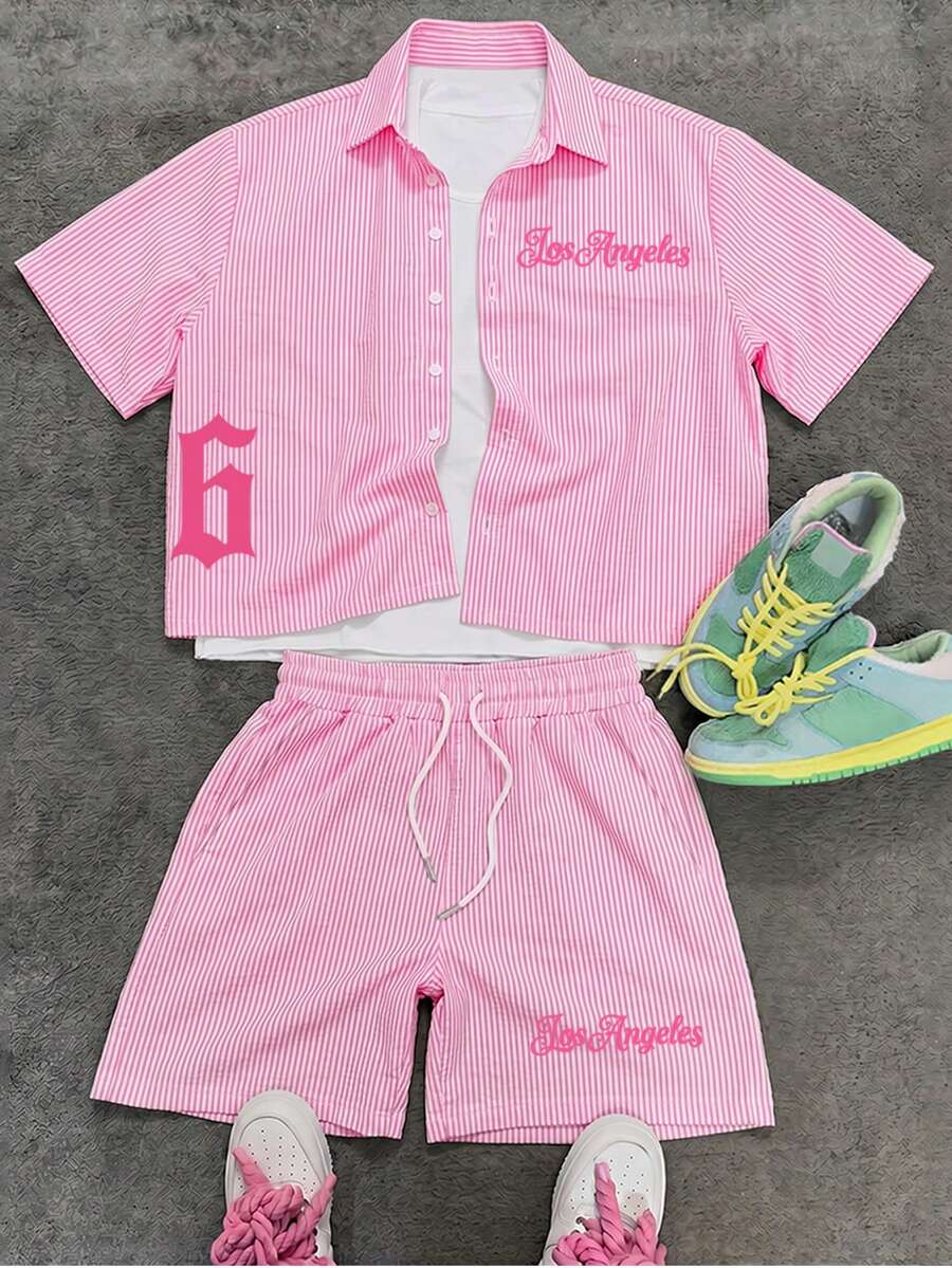 Manfinity EMRG Men's Summer Casual Striped Shirt And Shorts Set - Multicolor - View 1