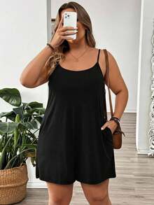 SHEIN LUNE Casual Vacation Black Fabric Plus Size Women's Spaghetti Strap Jumpsuit With Pockets, Suitable For Summer, Dating, Vacation, Party - Black - View 3