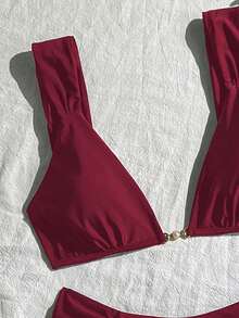 Bonvoyette New 2-Piece Pearl Buckle Thick Strap V-Neck Sexy Vacation Split Bikini Swimsuit Set For Women - Burgundy - View 4