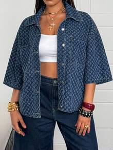 Jeanoix Jaket Denim Kasual Serbaguna untuk Wanita Ukuran Plus dengan Kancing Tunggal, Cocok untuk Penggunaan Sehari-hari - Dark Wash - View 6