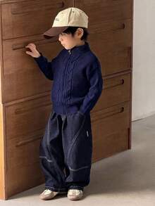 SHEIN 小男孩休閒扭結前襟拉鍊套頭毛衣 - 藏蓝色 - 查看 7