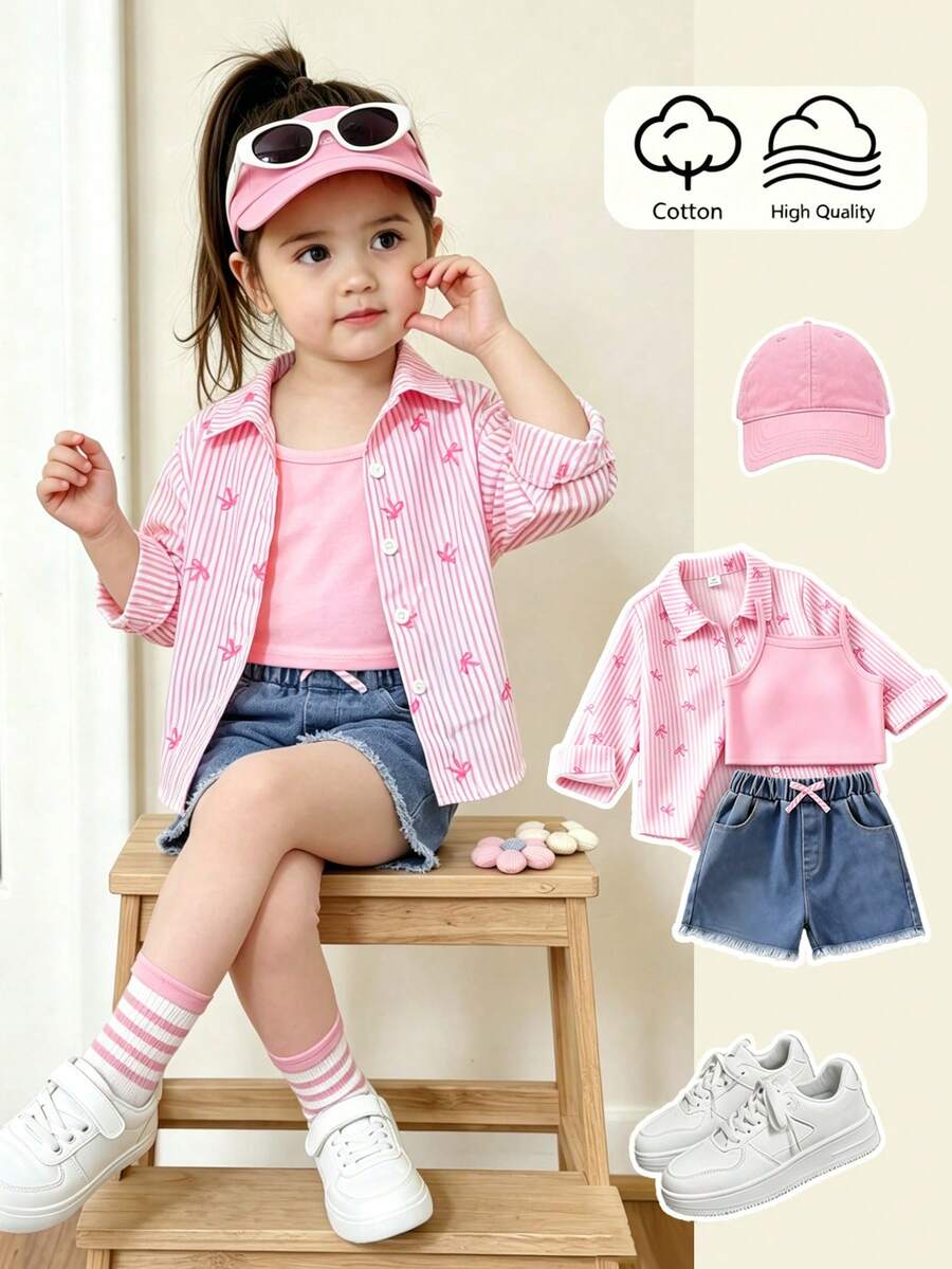 SHEIN Explorewe 这款三件套复古甜美休闲女童套装,采用柔软梭织面料,饰有可爱的粉色蝴蝶结和条纹数码印花图案;白色长袖衬衫,纽扣前开襟,面料舒适柔软;粉色无袖针织露脐上衣,可叠穿;搭配浅蓝色时尚牛仔短裤,适合日常穿着、上学、外出、度假、聚会和节日等场合。 - 粉色 - 查看 1