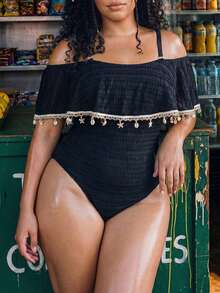 Swim Vcay Plus Size Women Shell Pendant Decor Off-Shoulder One-Piece Swimsuit, Suitable For Beach Holiday, Pool Party, Beach Party Black Summer Boho - Black - View 4